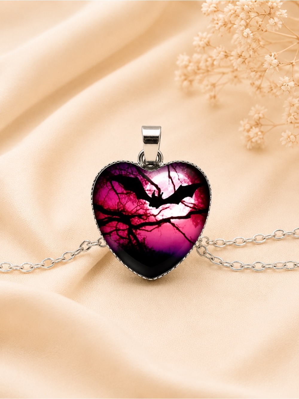 Red Purple Bat Heart Necklace Halloween Glass Dome Pendant 22” Gothic Necklace